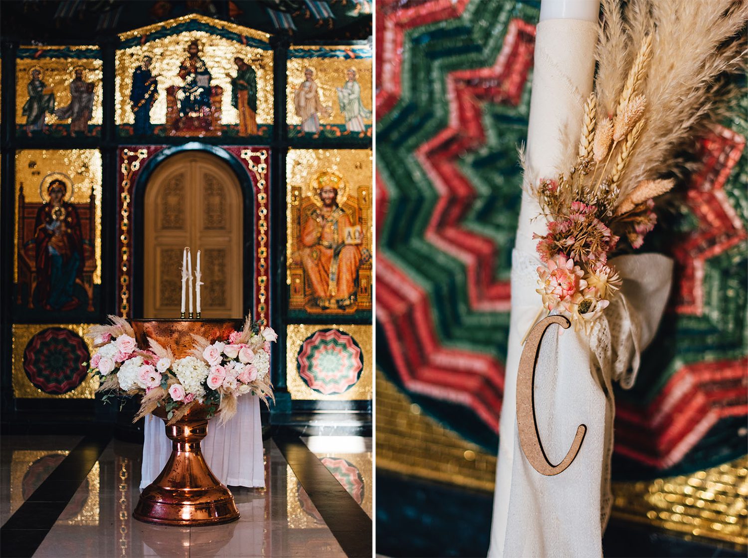 Chapel icons and a floral candle decoration with a letter C, St. Andreas Protaras