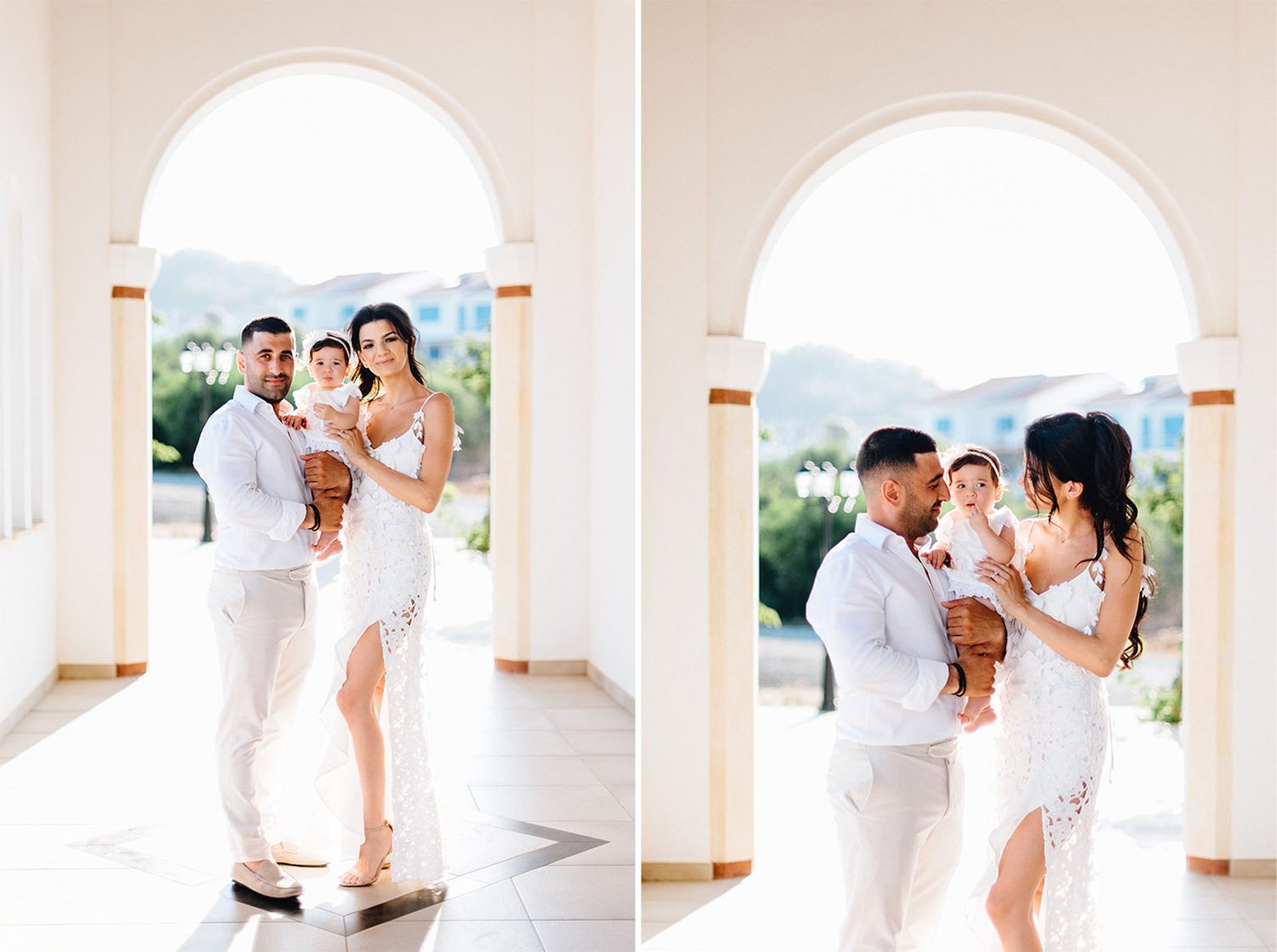 Family in white under the chapel arches with a sea view, Protaras christening photos