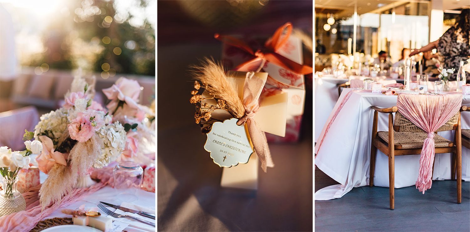 Blush pink florals and pampas grass on the christening dinner tables, Protaras