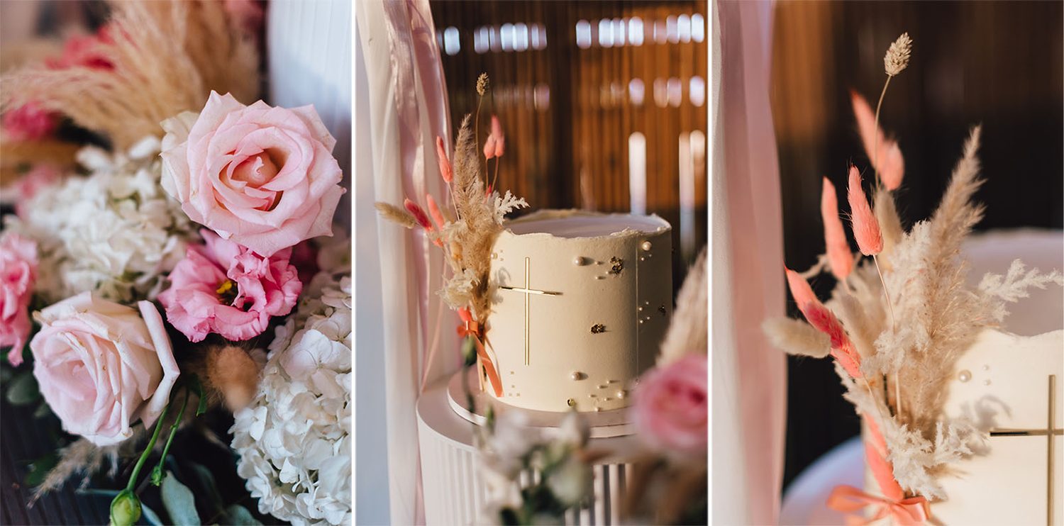 Roses, pampas grass and cake decoration at a christening dinner in Protaras