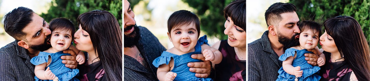 Three-photo collage of parents kissing and smiling at their baby girl in a blue dress