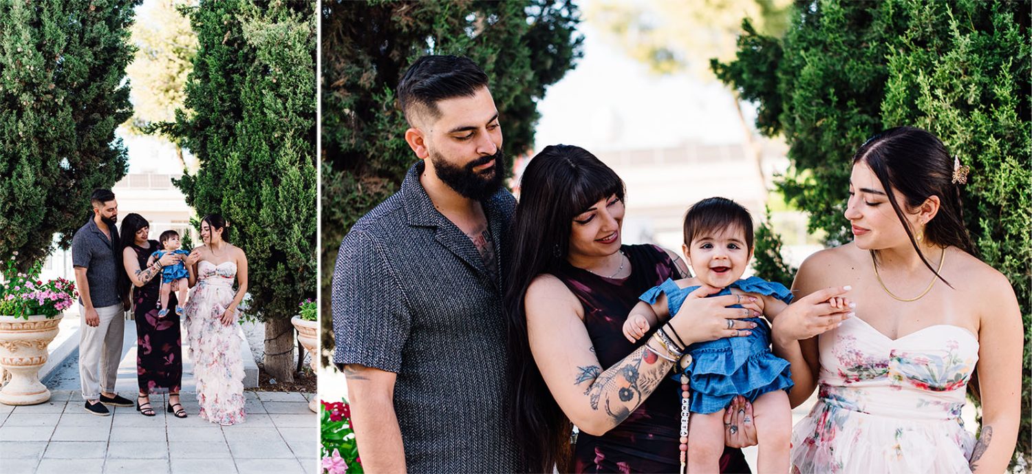 Two-photo collage of parents and godmother with the baby girl, outdoors among cypress trees